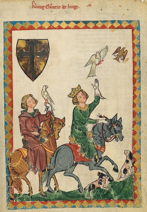 König Konradin, der Enkel Friedrichs II., lässt bei der Beizjagd mit seinem Freund Friedrich, Markgraf von Baden, einen Falken steigen. (Miniatur aus dem Codex Manesse, Anfang 14. Jahrhundert)
