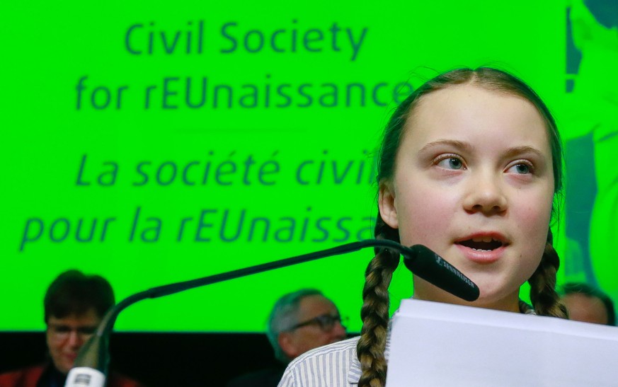 epa07384686 Sixteen year-old Swedish climate activist Greta Thunberg speaks during the European Economic and Social Committee (EESC) event; &#039;Civil Society for rEUnaissance&#039; in Brussels, Belg ...
