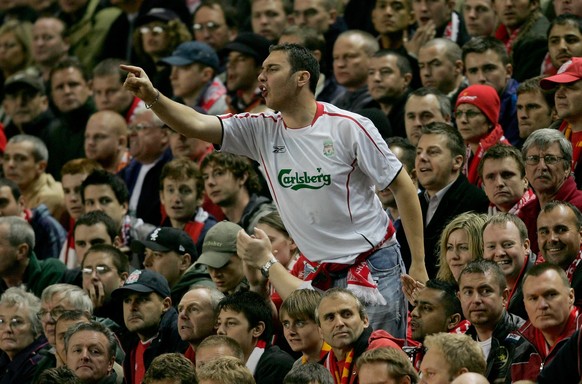 LIVERPOOL, UNITED KINGDOM - SEPTEMBER 28: A Liverpool fan shows his feelings during the UEFA Champions League Group G match between Liverpool v Chelsea at Anfield on September 28, 2005 in Liverpool, E ...