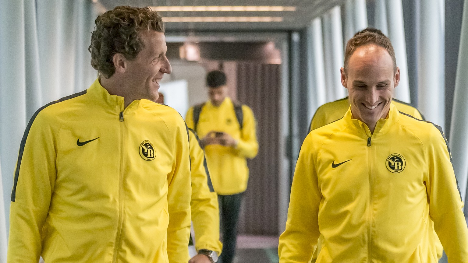 Young Boys players Marco Woelfli and Steve von Bergen, L-R, at the airport after the arrival in Turin for the UEFA Champions League group H matchday 2 soccer match between Juventus Turin and BSC Young ...