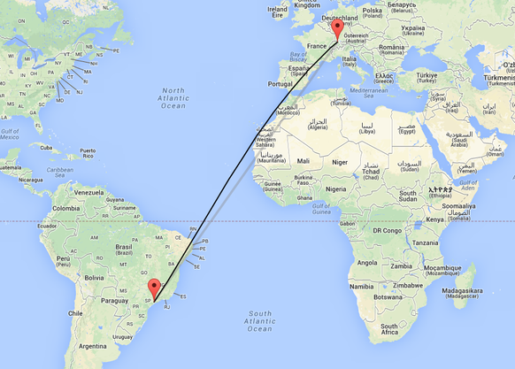 Von Zürich nach Sao Paulo sind es exakt 9'620'780 Meter Luftlinie.