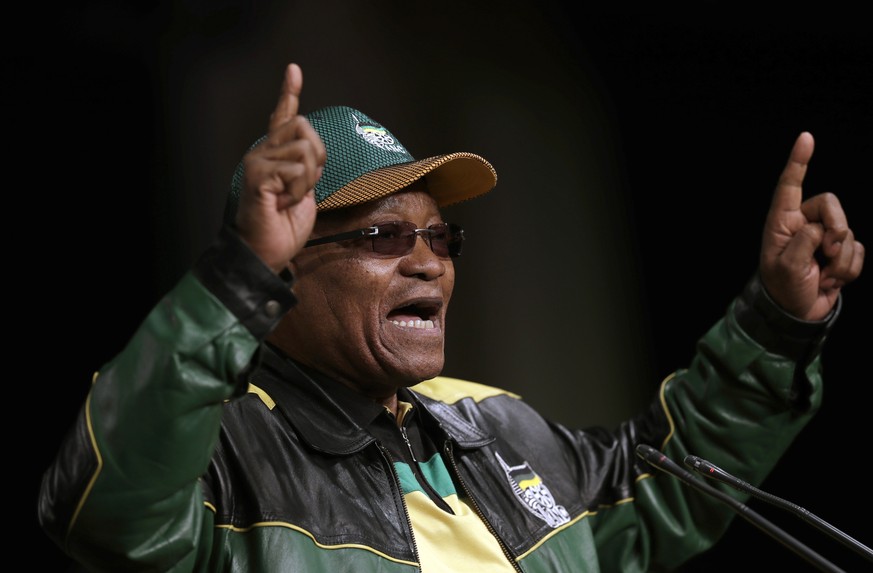 FILE -- In this June 30, 2017 file photo South Africa&#039;s ruling African National Congress (ANC) party leader, President Jacob Zuma, gestures as he addresses party delegates, during the ANC policy  ...