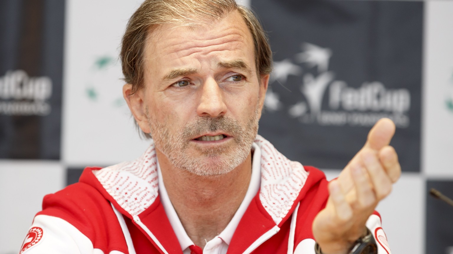 Swiss Fed Cup Team captain Heinz Guenthardt speaks to the media, after the drawing of the Fed Cup World Group Semifinal match between Belarus and Switzerland, in Minsk, Belarus, Friday, April 21, 2017 ...