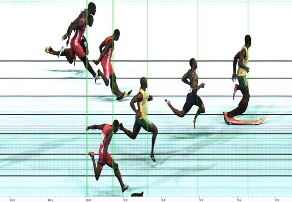 Picture provided by Seiko on Sunday, Aug 16, 2009 shows the finish line photo of the Men&#039;s 100m final during the World Athletics Championships in Berlin. At the bottom the time code is seen from  ...