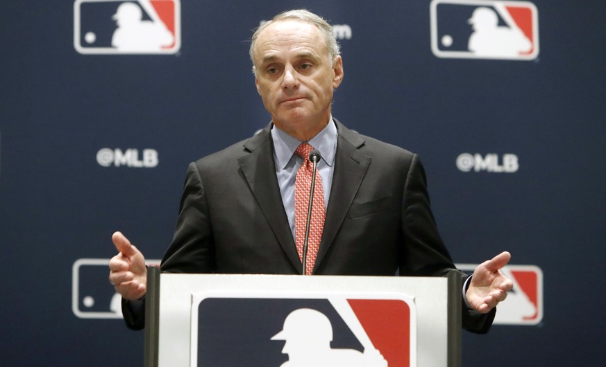 FILE - In this Nov. 21, 2019, file photo, baseball commissioner Rob Manfred speaks to the media at the owners meeting in Arlington, Texas. The chance that there will be no Major League Baseball season ...