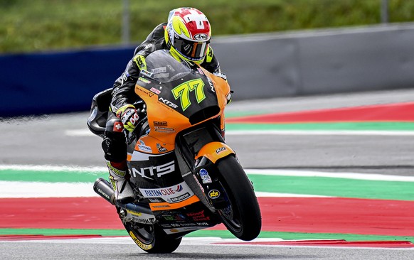 epa08605700 Swiss Moto2 rider Dominique Aegerter of NTS RW Racing GP in action during the third free practice session of the Motorcycling Grand Prix of Austria at the Red Bull Ring in Spielberg, Austr ...