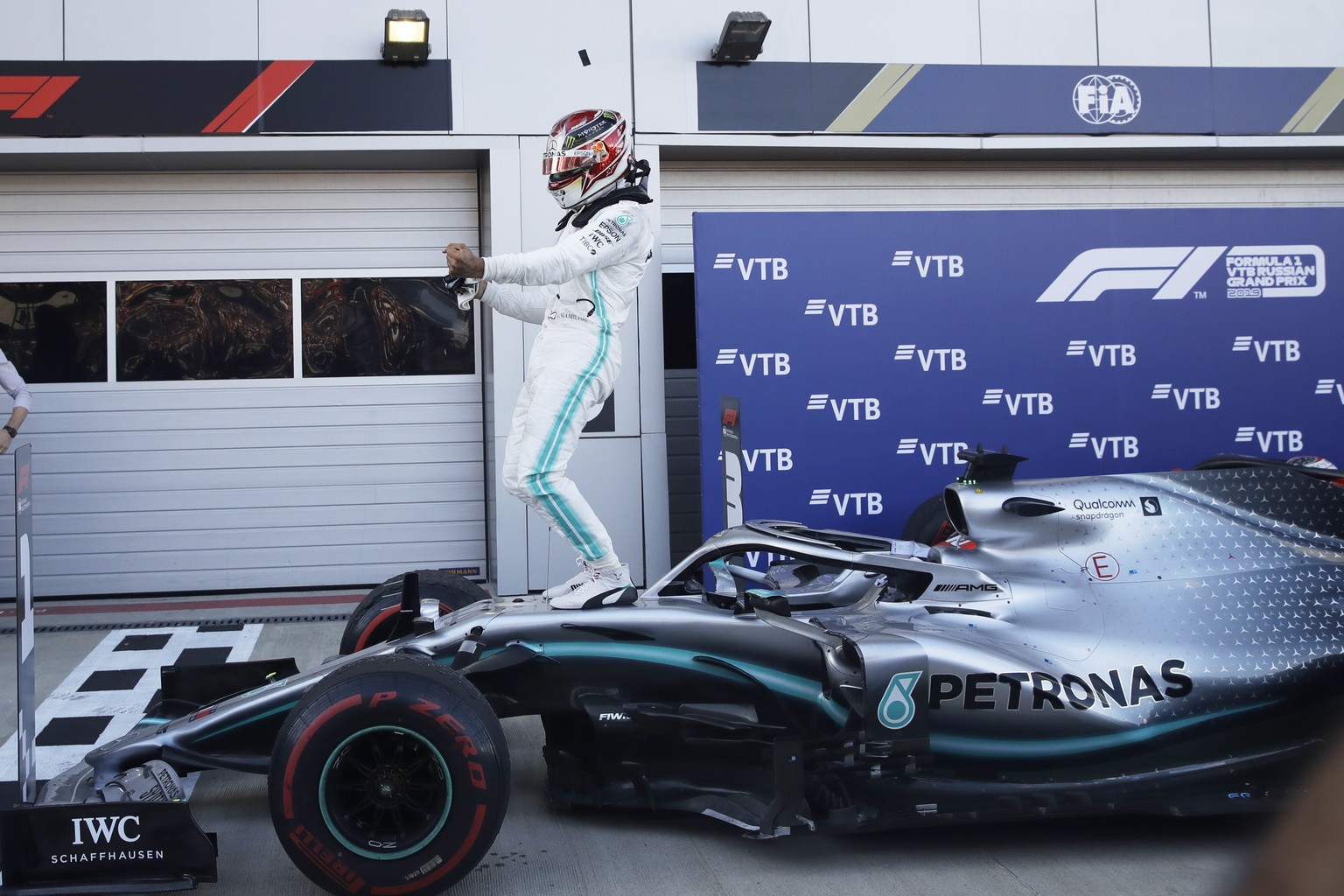 Mercedes driver Lewis Hamilton of Britain celebrates after winning the Russian Formula one Grand Prix, at the &#039;Sochi Autodrom&#039; Formula One circuit, in Sochi, Russia, Sunday, Sept. 29, 2019.  ...