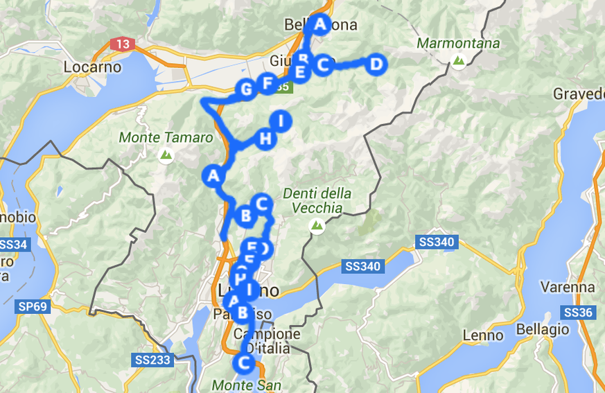 Der ungefähre Etappenplan von Bellinzona nach Melide. Hier geht es zum Livetracking!