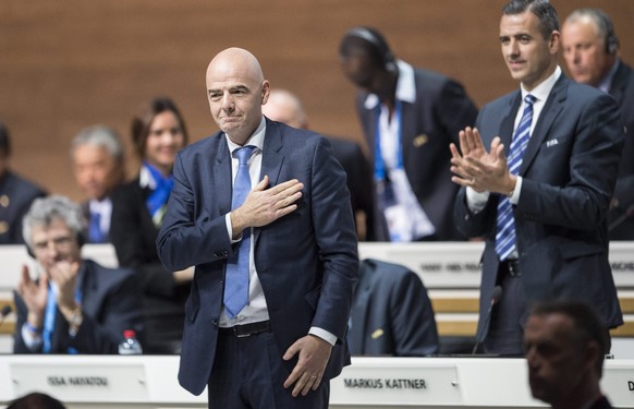 epa05708967 (FILE) A file picture dated 26 February 2016 of Swiss Gianni Infantino reacting after being elected as new FIFA President during the Extraordinary FIFA Congress 2016 held at the Hallenstad ...