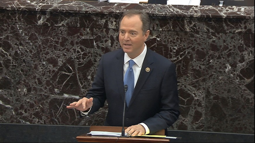 In this image from video, House impeachment manager Rep. Adam Schiff, D-Calif., speaks during the impeachment trial against President Donald Trump in the Senate at the U.S. Capitol in Washington, Thur ...