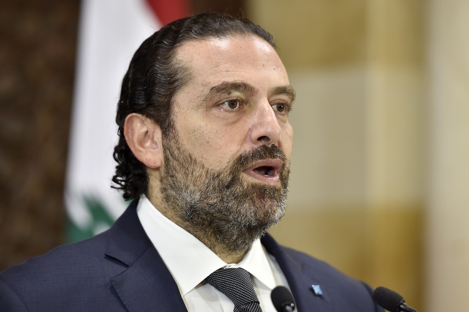 epa07930886 Lebanese Prime Minister Saad Hariri speaks during a press conference in the Government palace at downtown Beirut, Lebanon, 18 October 2019. Hariri gives political parties 72 hours to agree ...