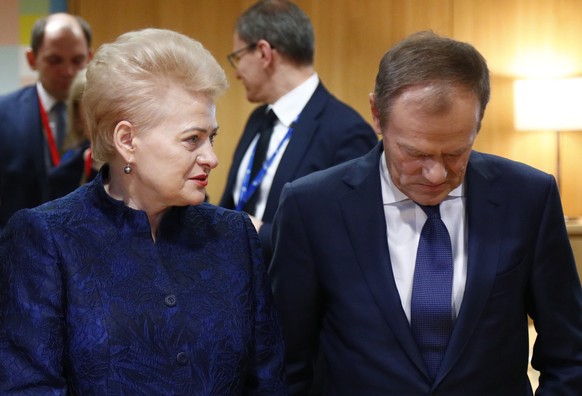 epa07453437 European Council President Donald Tusk (R) and Lithuania&#039;s President Dalia Grybauskaite (L) during the European Council summit in Brussels, Belgium, 21 March 2019. European Union lead ...