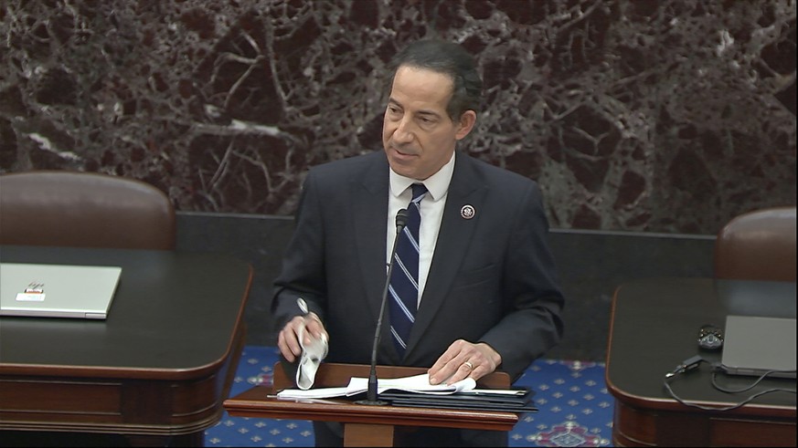 In this image from video, lead impeachment manager Rep. Jamie Raskin, D-Md., reads on the Senate floor the article of impeachment alleging incitement of insurrection against former President Donald Tr ...