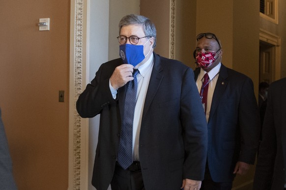 epa08810452 US Attorney General William Barr leaves the office of Senate Majority Leader Mitch McConnell following a meeting on Capitol Hill in Washington, DC, USA, 09 November 2020. EPA/MICHAEL REYNO ...