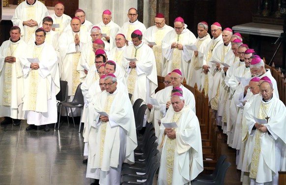 All of the bishops of France take mass in Notre-Dame Cathedral in Lourdes, southwestern France, Saturday, Nov. 9, 2019. 120 bishops are convening for their biannual assembly in Lourdes, where they wil ...