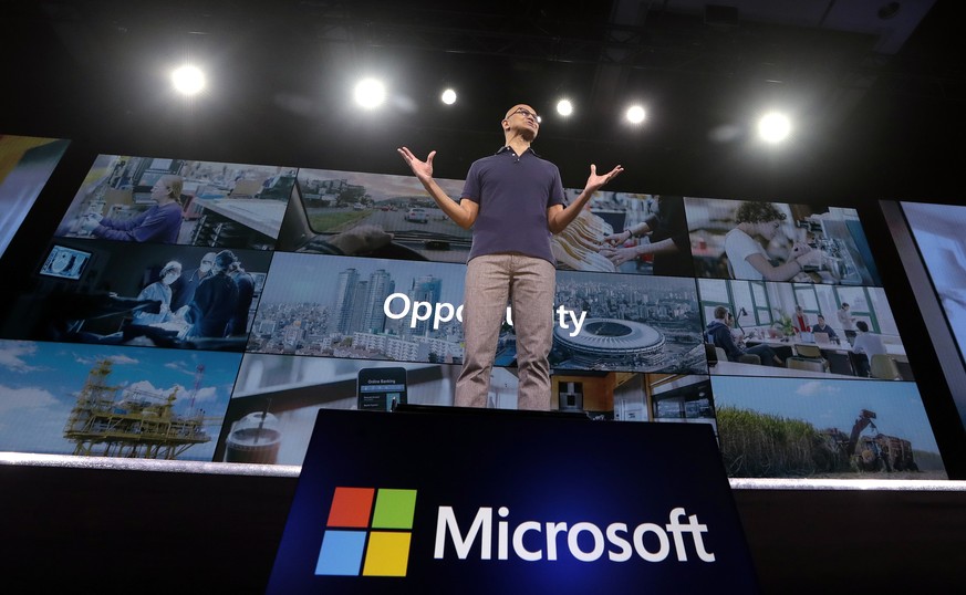 FILE - In this May 6, 2019, file photo Microsoft CEO Satya Nadella delivers the keynote address at Build, the company&#039;s annual conference for software developers in Seattle. Microsoft Corp. repor ...