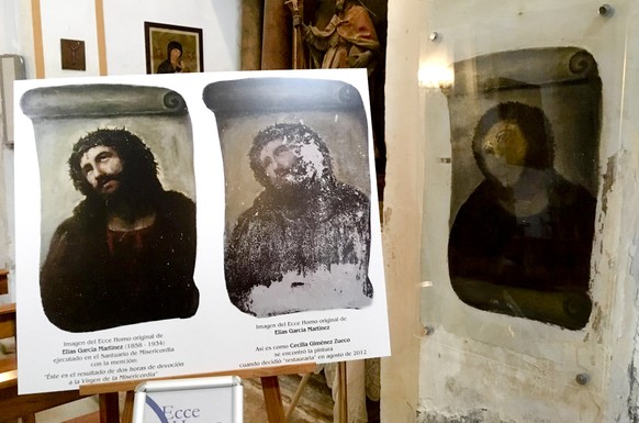View of the deteriorated version of &#039;Ecce Homo&#039; mural by 19th century painter Elias Garcia Martinez, right, next to a copy of the original, left, at the Borja Church in Zaragoza, Spain, Wedn ...