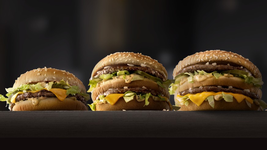 This photo provided by McDonald&#039;s shows, from left to right: McDonald&#039;s Mac Jr., Big Mac and Grand Mac. McDonald&#039;s is testing bigger and smaller versions of its Big Mac as the world&#03 ...