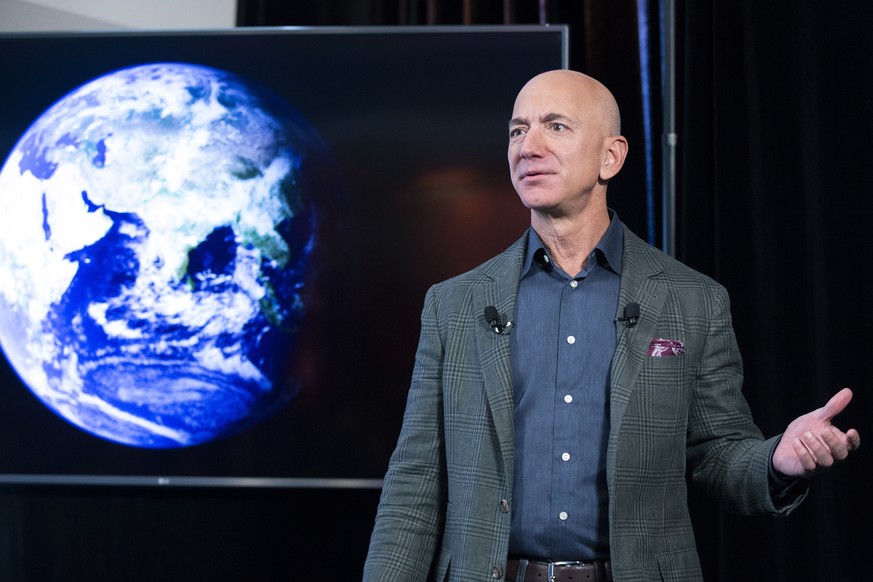 epa08982633 (FILE) - Founder and CEO of Amazon Jeff Bezos participates in the unveiling of an Amazon environmental initiative entitled &#039;The Climate Pledge&#039;, in Washington, DC, USA, 19 Septem ...