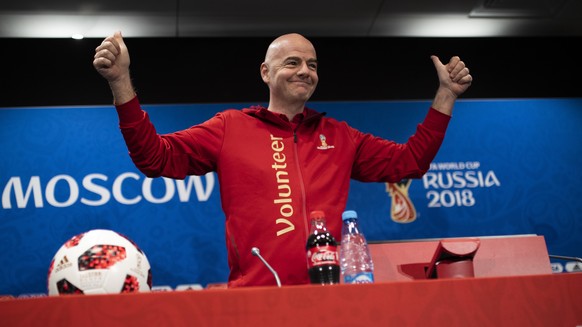 FIFA President Gianni Infantino gestures as he arrives to a news conference during the 2018 soccer World Cup at the Luzhniki stadium in Moscow, Russia, Friday, July 13, 2018. (AP Photo/Francisco Seco)