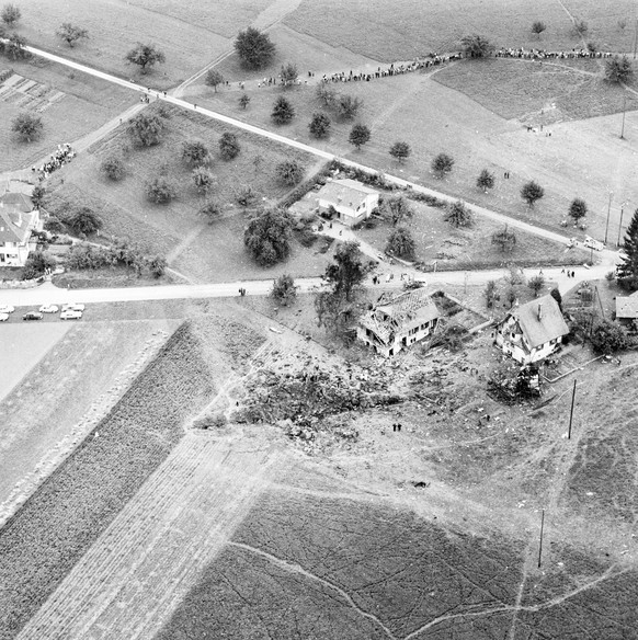 Aerial view of the scene of the accident in the village of Duerrenaesch in the canton of Aargau, Switzerland, pictured in September 1963. The most severe accident in the history of Swiss aviation to t ...