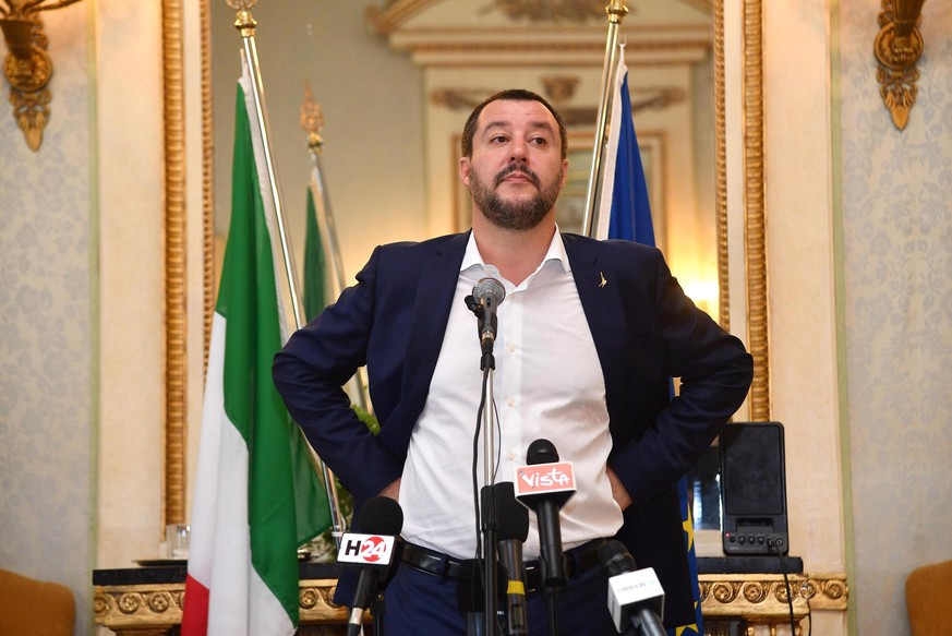 epa06809960 Italian Interior Minister Matteo Salvini holds a press conference in Genoa, Italy, 15 June 2018. There are &#039;cynical and irresponsible&#039; French officials pushing back migrants at t ...