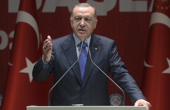 Turkish President Recep Tayyip Erdogan speaks to his ruling party members, in Ankara, Turkey, Thursday, Feb. 27, 2020. Erdogan said Thursday that fighting in northwest Syria had swung in favor of Turk ...