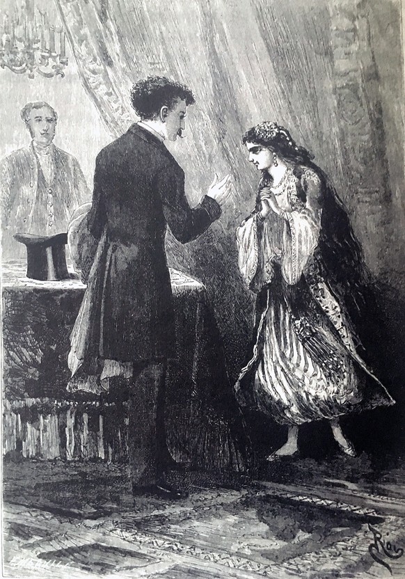 Haydée und der Graf in Paris. Stiche in der Erstausgabe von Alexandre Dumas’ Roman «Der Graf von Monte Christo» (1846).