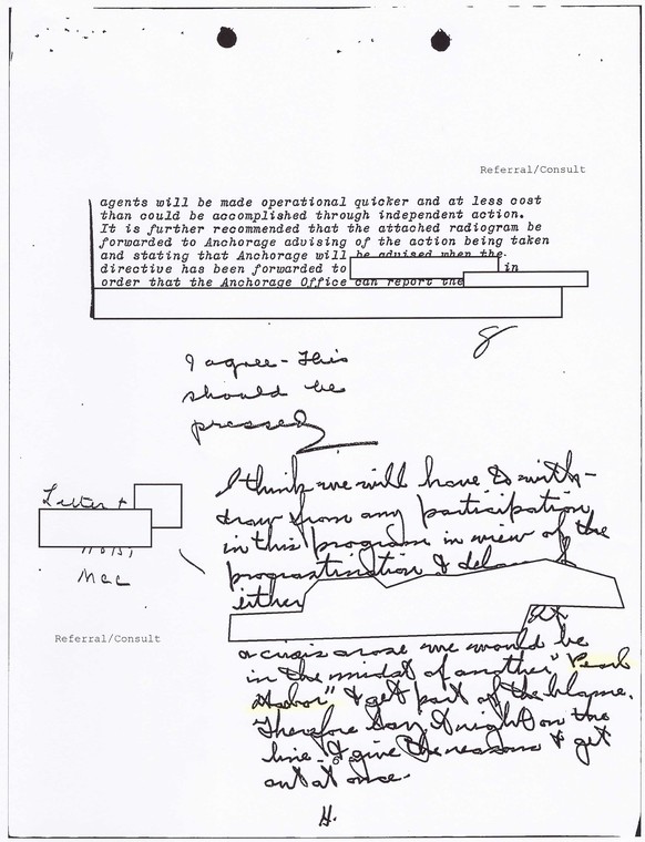 Memo von J. Edgar Hoover mit der Aufforderung, das FBI fortan aus «Washtub» herauszuhalten (siehe Schluss: «get out at once»).