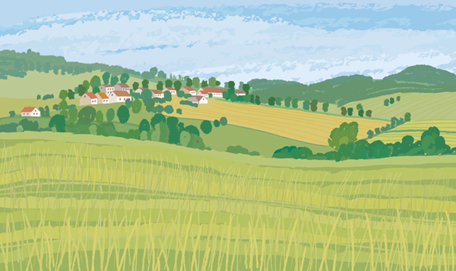 Zeichnung von Feld mit Dorf
