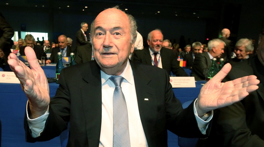 FIFA President Joseph Blatter gestures as he waits for the start of the 39th Ordinary UEFA Congress in Vienna, Austria, Tuesday, March 24, 2015. Blatter hit out at unnamed lawmakers for wanting boycot ...