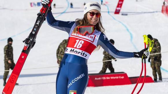 Winner Sofia Goggia of Italy celebrates during the women&#039;s Super-G race at the FIS Alpine Ski World Cup, in St. Moritz, Switzerland, Saturday, December 14, 2019. (KEYSTONE/Jean-Christophe Bott)