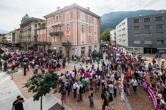 Women protest during a nationwide women&#039;s strike on Friday, June 14, 2019, in Bellinzona, Switzerland. There is a long list of reasons motivating people to take part in the strike. These range fr ...