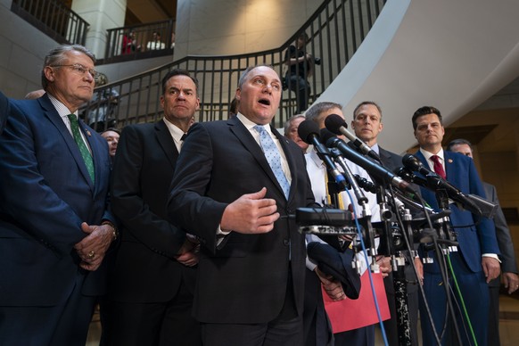 epa07943902 Republican Representative from Louisiana Steve Scalise speaks to the media after he and two dozen other Republican lawmakers stormed into the room used by the House of Representatives&#039 ...