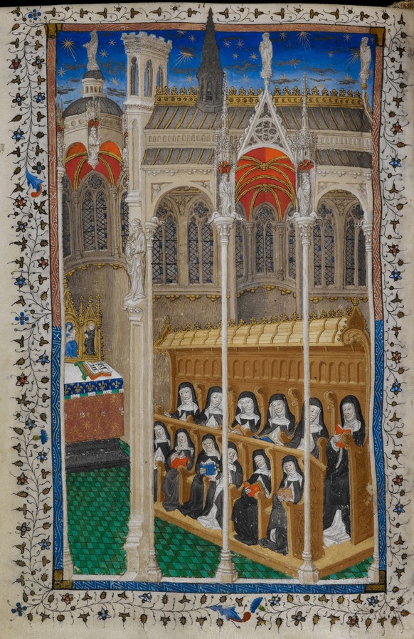 Nonnen im Chorgestühl, Detail aus: Psalter Heinrichs VI., 1400–1430 
The British Library, London, Cotton MS Domitian A XVII., fol. 177v