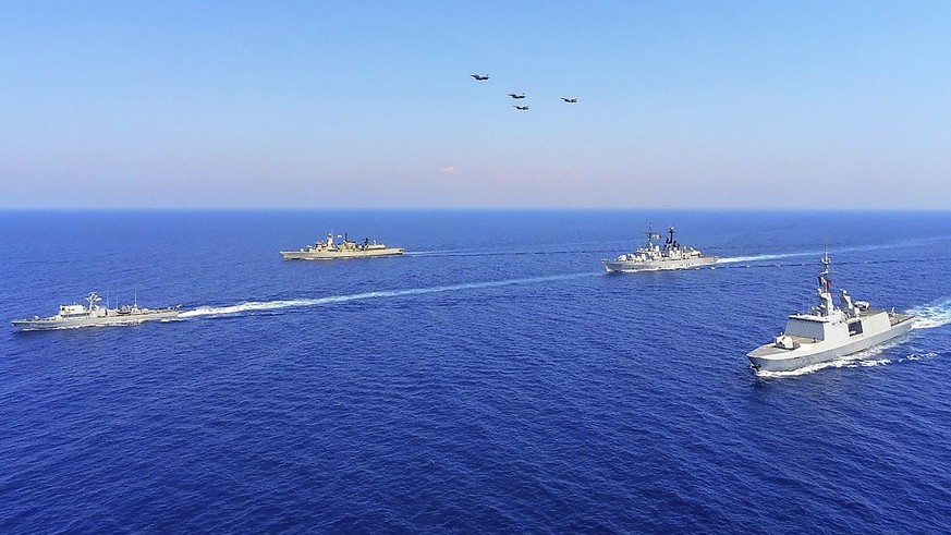 In this photo provided on Monday, Aug. 31, 2020, by the Greek Defense Ministry, worships from Greece, Italy, Cyprus and France, participate in a joint military exercise which was held from 26-28 of Au ...