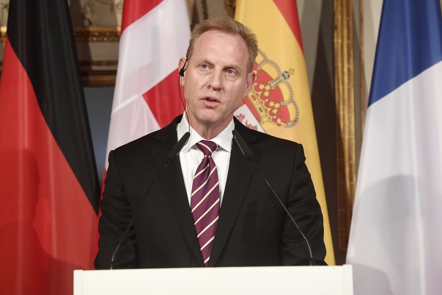 United States Secretary of Defense Patrick Shanahan talks to the media at a meeting of ministers of Defense during the International Security Conference in Munich, Germany, Friday, Feb. 15, 2019. (Tob ...