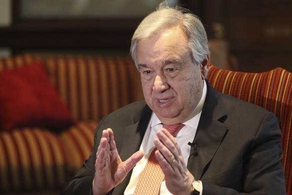 FILE - In this Feb. 18, 2020, file photo, U.N. Secretary-General Antonio Guterres speaks during an interview with The Associated Press in Lahore, Pakistan. Guterres expressed hope Tuesday, June 23, 20 ...