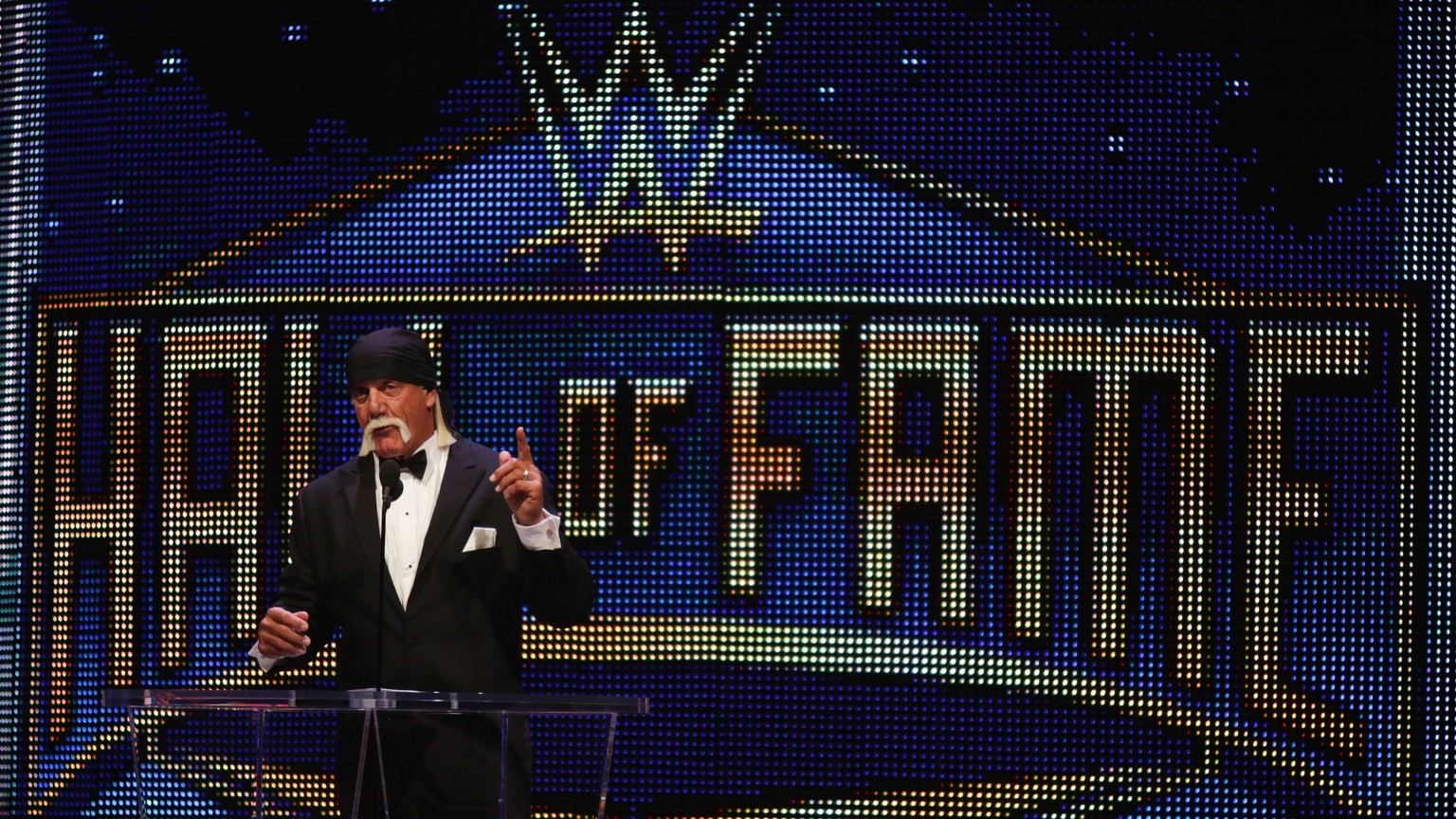 IMAGE DISTRIBUTED FOR WWE - Professional wrestling superstar Hulk Hogan inducts the late Randy &quot;Macho Man&quot; Savage&quot; at the WWE Hall of Fame Ceremony, on Saturday, March 28, 2015 in San J ...