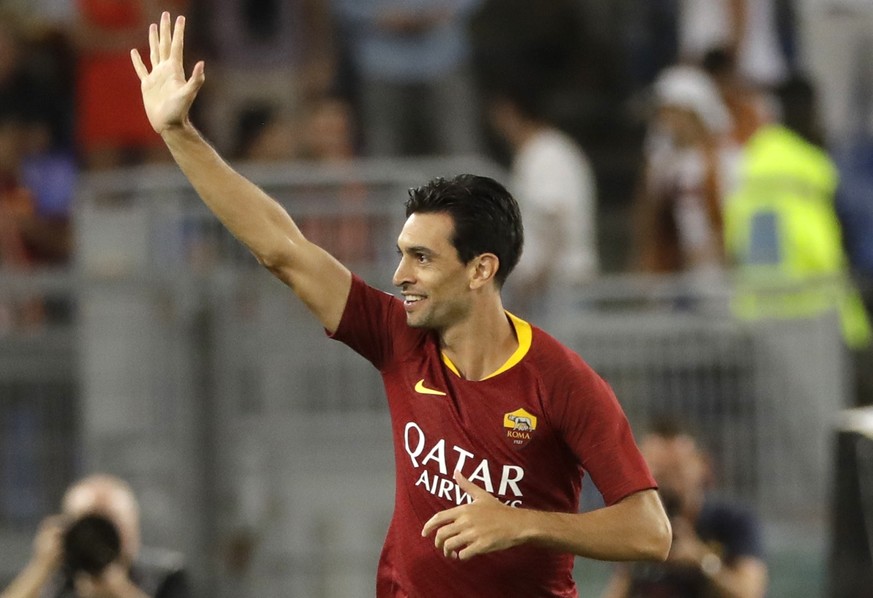 Roma&#039;s Javier Pastore celebrates after scoring the opening goal during a Serie A soccer match between Roma and Atalanta, in Rome&#039;s Olympic stadium, Monday, Aug. 27, 2018. (AP Photo/Andrew Me ...