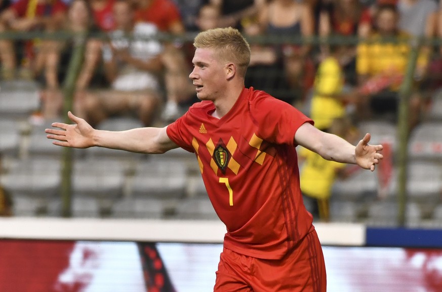 Belgium&#039;s Kevin De Bruyne reacts after a call during a friendly soccer match between Belgium and Egypt at the King Baudouin stadium in Brussels, Wednesday, June 6, 2018. (AP Photo/Geert Vanden Wi ...