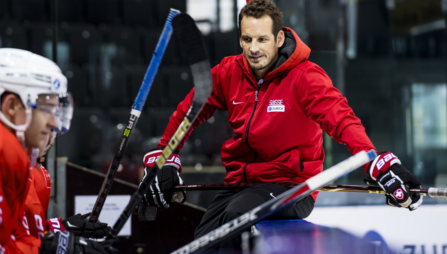 Patrick Fischer, head coach of Switzerland national ice hockey team, reacts during a training camp of Swiss national hockey team ahead the IIHF 2019 World Championship, at the ice stadium Les Vernets, ...