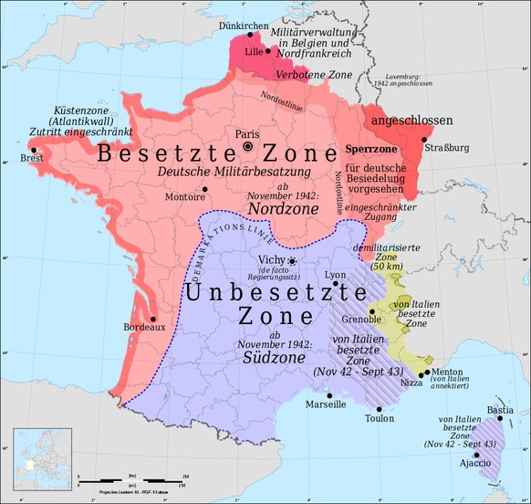 Frankreich im Zweiten Weltkrieg ab Juni 1940, im Oktober 1943 wird die Wehrmacht über die Demarkationslinie marschieren und das ganze Land besetzen.