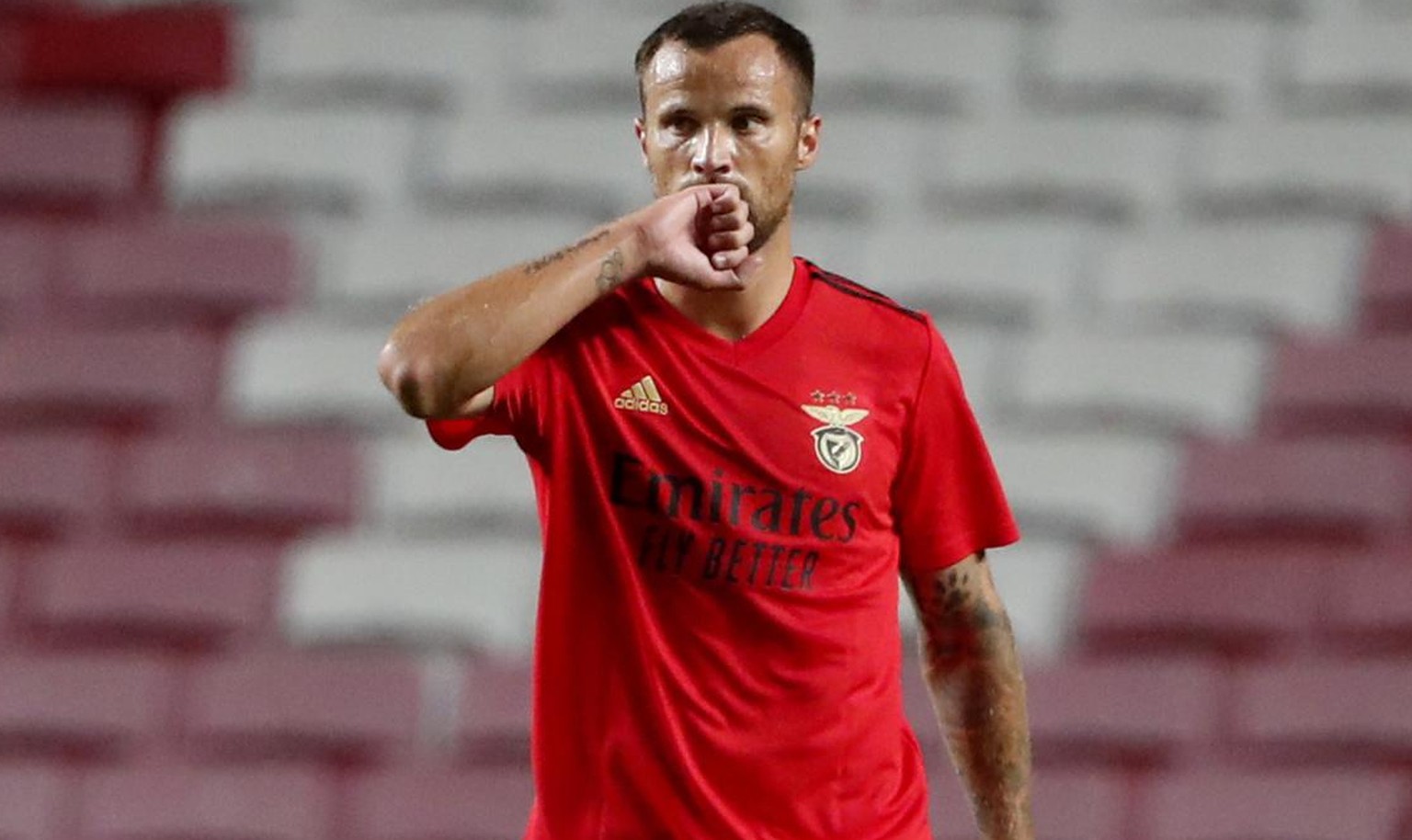 Benfica&#039;s Haris Seferovic celebrates after scoring his side&#039;s second goal during the Portuguese League soccer match between Benfica and Moreirense at the Luz stadium in Lisbon, Saturday, Sep ...
