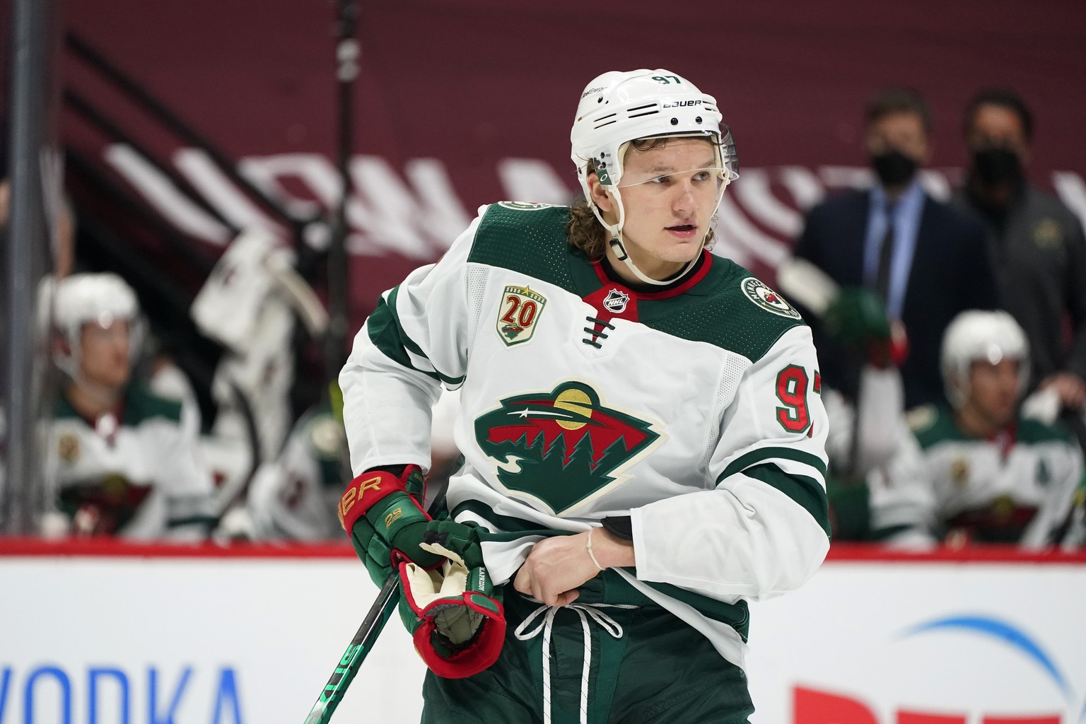 Minnesota Wild left wing Kirill Kaprizov waits for a face off against the Colorado Avalanche in the second period of an NHL hockey game Thursday, March 18, 2021, in Denver. (AP Photo/David Zalubowski) ...
