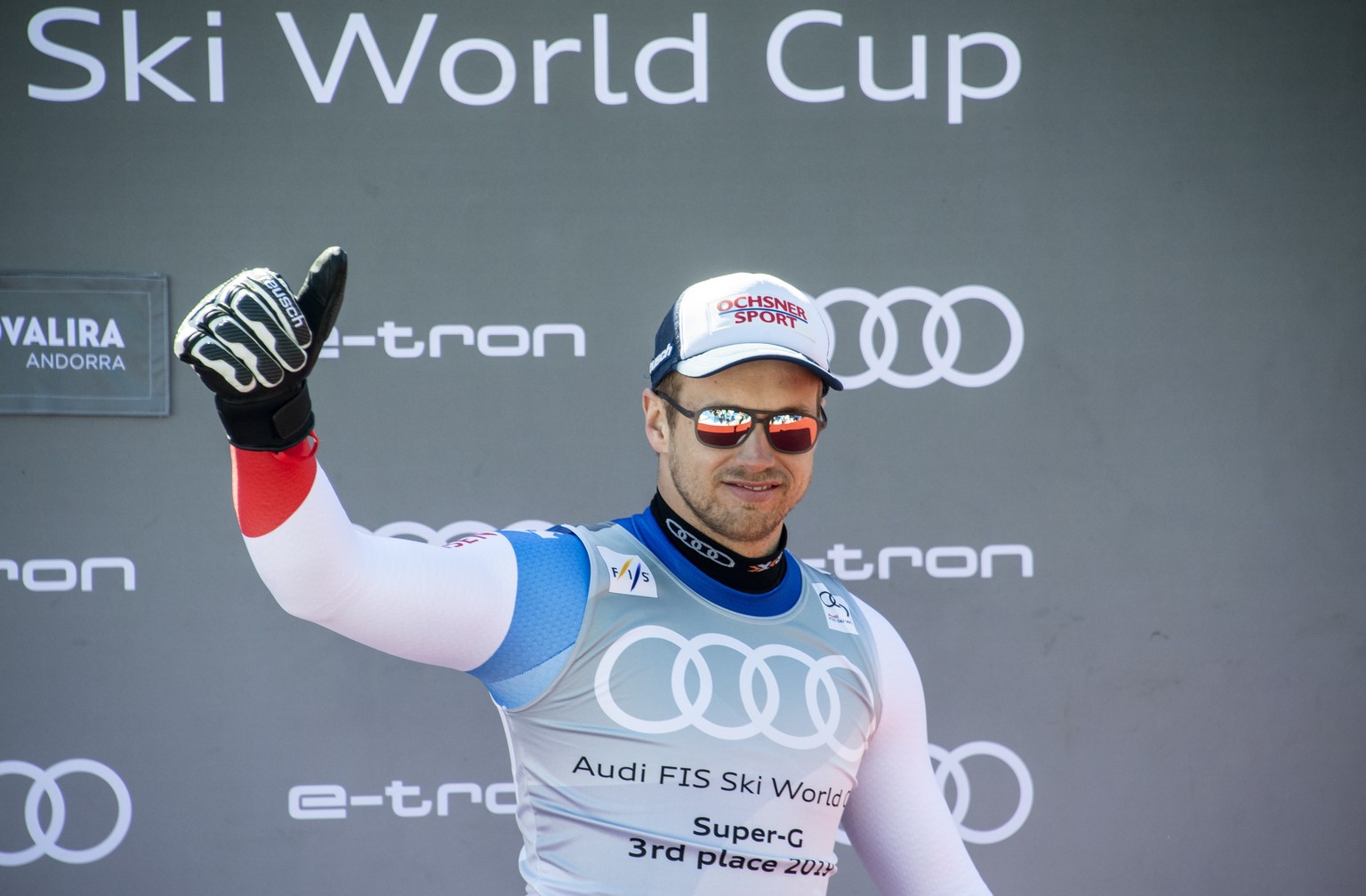 epa07436298 Third placed Mauro Caviezel of Switzerland reacts during the award ceremony of the men&#039;s Super G World Cup at the FIS Alpine Skiing World Cup finals in Soldeu-El Tarter, Andorra, 14 M ...