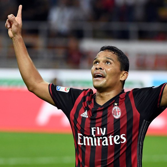 AC Milan&#039;s Carlos Bacca celebrates after scoring during the Serie A soccer match between AC Milan and Lazio at the San Siro stadium in Milan, Italy, Tuesday, Sept. 20, 2016. (Daniel Dal Zennaro/A ...