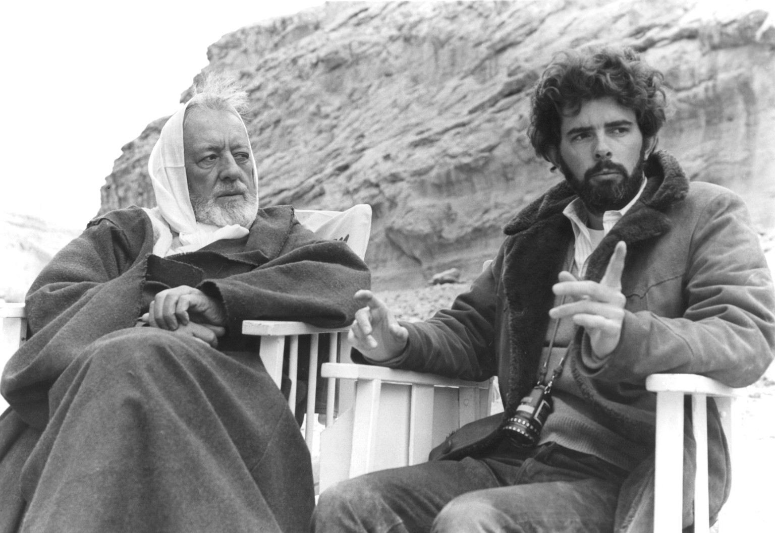 On the set of Star Wars: Episode IV - A New Hope
British actor Alec Guinness with American director, screenwriter and producer George Lucas on the set of his movie Star Wars: Episode IV - A New Hope.  ...
