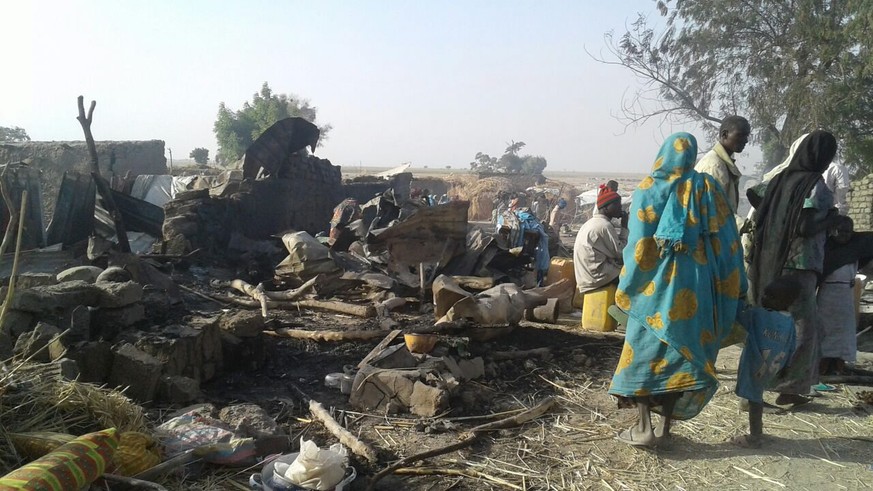 epa05727274 A handout photo made available by Medecins Sans Frontieres (MSF) shows the aftermath of a bombing allegedly carried out by the Nigerian Army at a government-run camp for internally displac ...