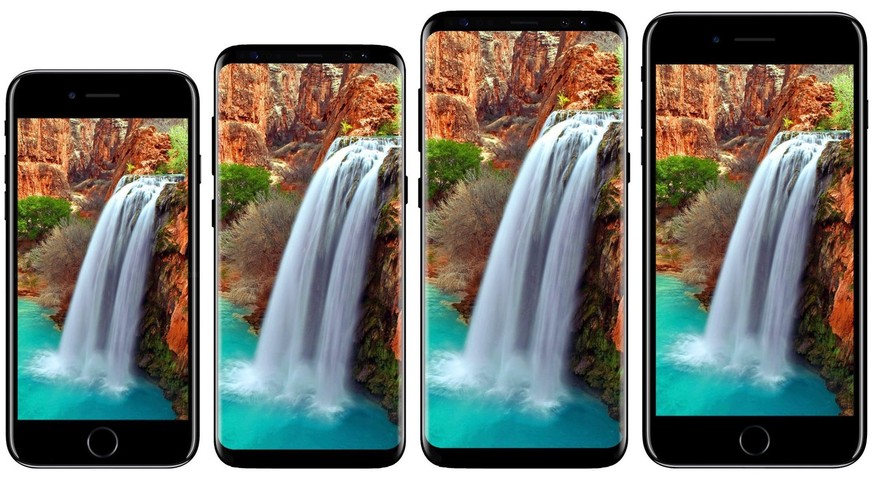 Das iPhone 7 (l.) und 7 Plus (r.) und die neuen Galaxys im Grössenvergleich: Das Galaxy S8 (2.v.l.) hat das grössere Display als das deutlich grössere iPhone 7 Plus (ganz rechts).